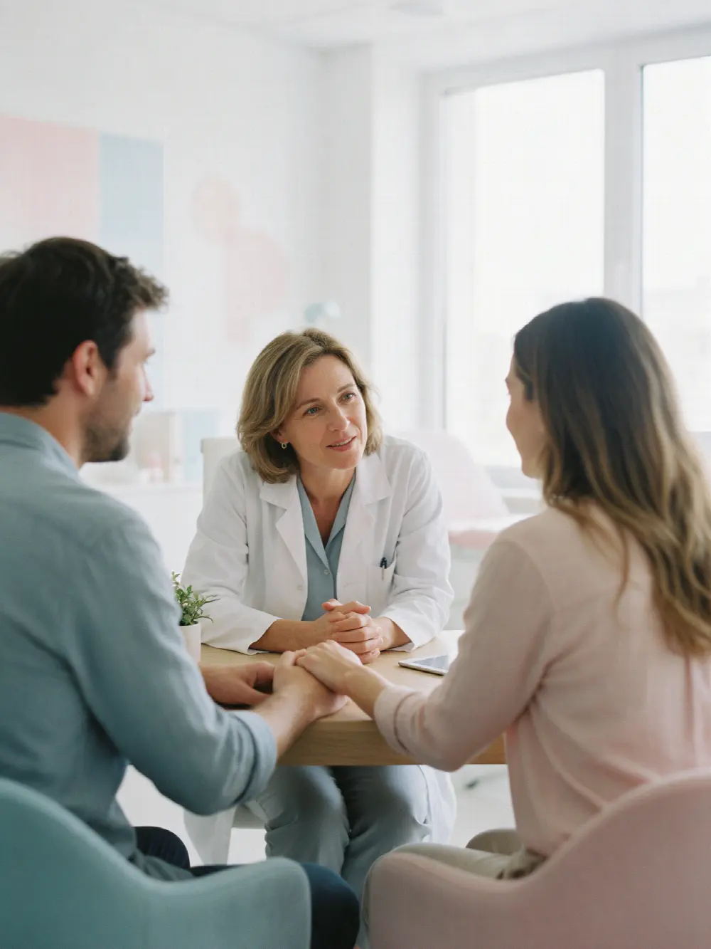 A fertility specialist listening to a couple holding hands across her desk