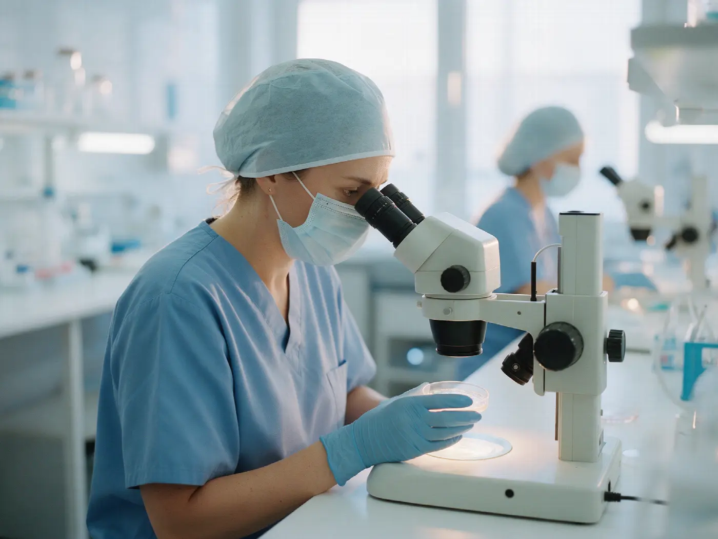 An embryologist looking through a microscope in a bright IVF laboratory
