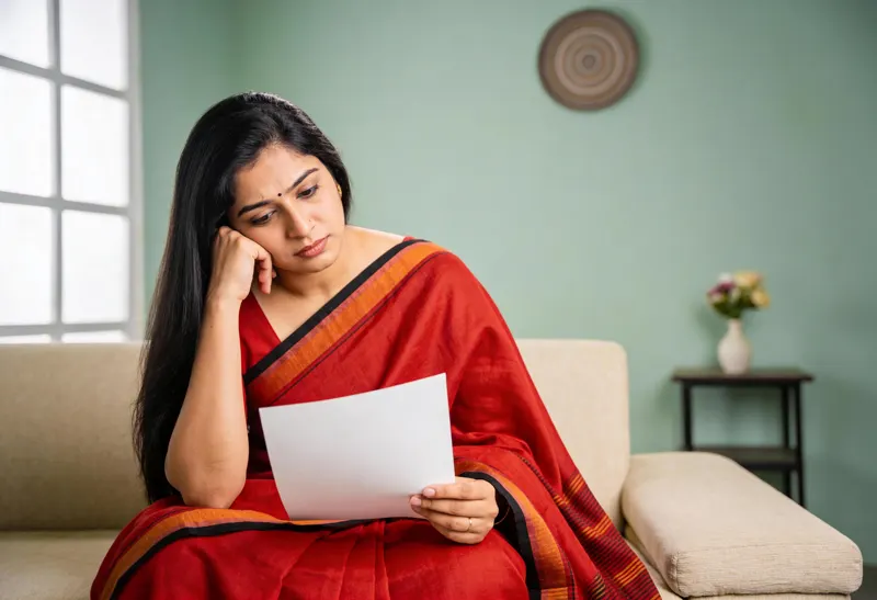 A woman at home thinking over the test report in her hand