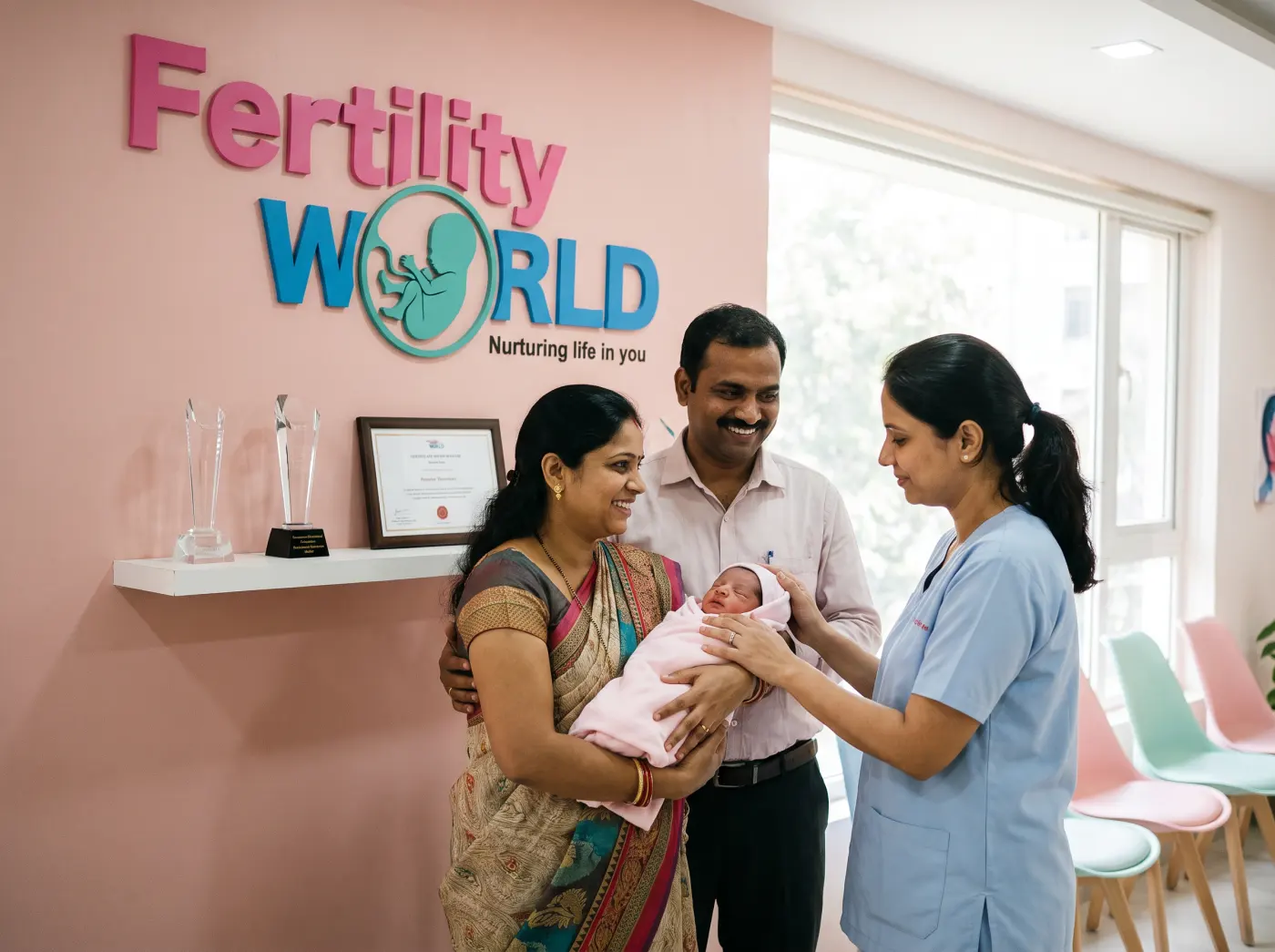 A couple holding their newborn thanking a Fertility World doctor at a clinic reception, awards on the shelf behind them