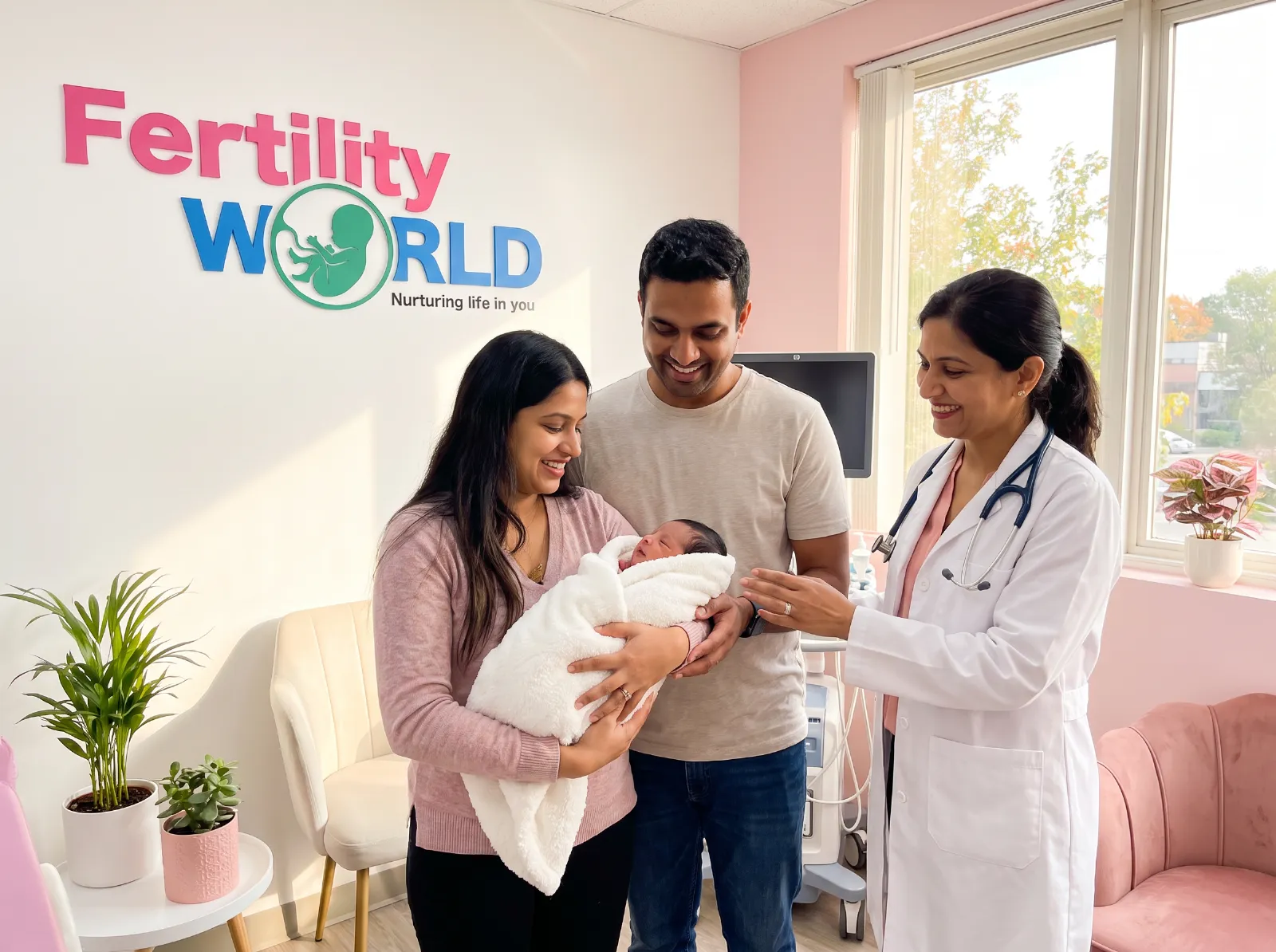 Parents holding their newborn baby with their doctor at a Fertility World clinic