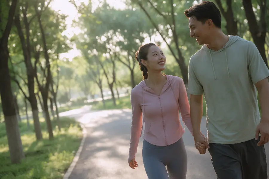 A couple holding hands on a morning walk in the park