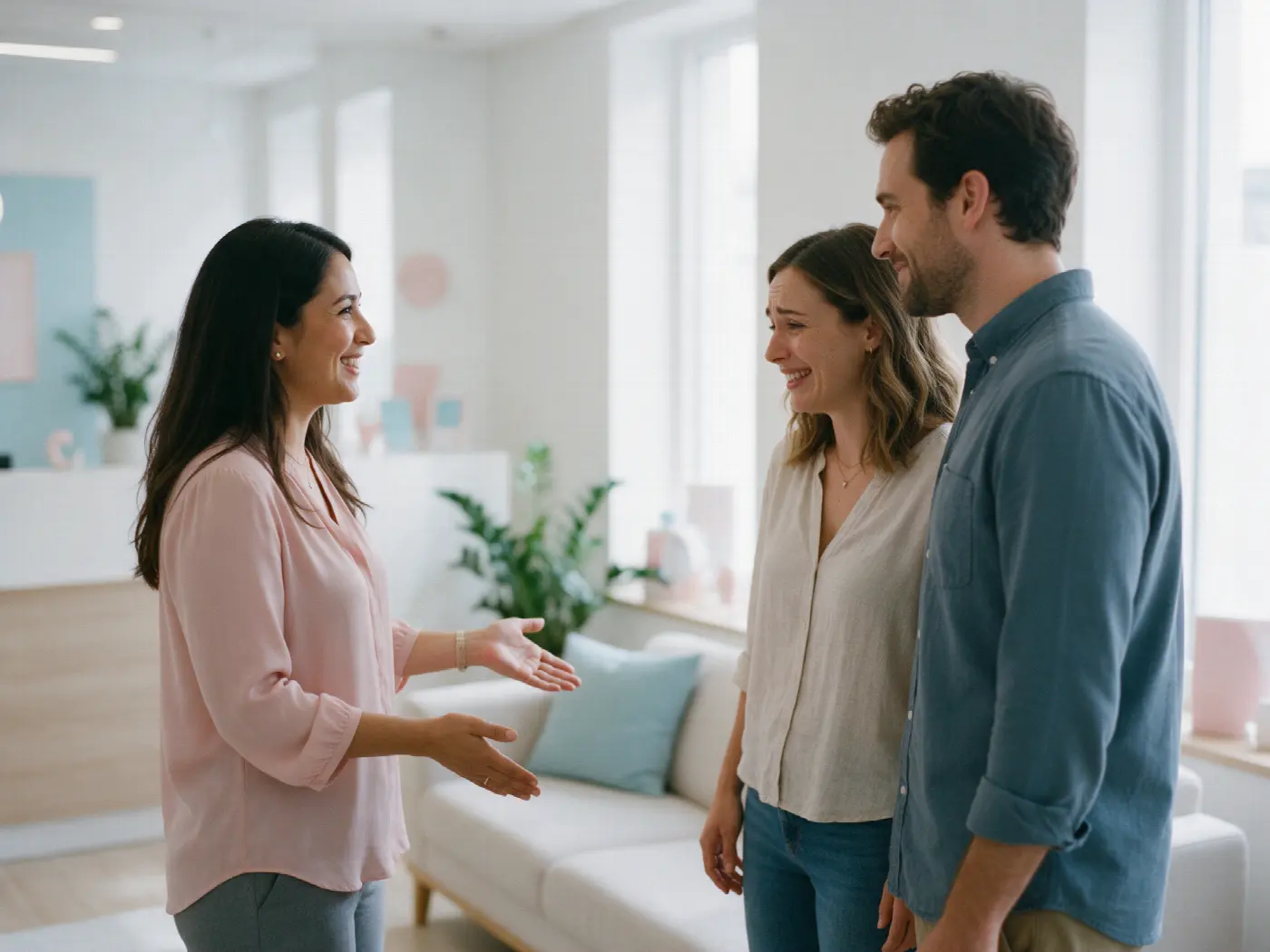 A patient coordinator warmly welcoming a smiling couple at a bright clinic reception