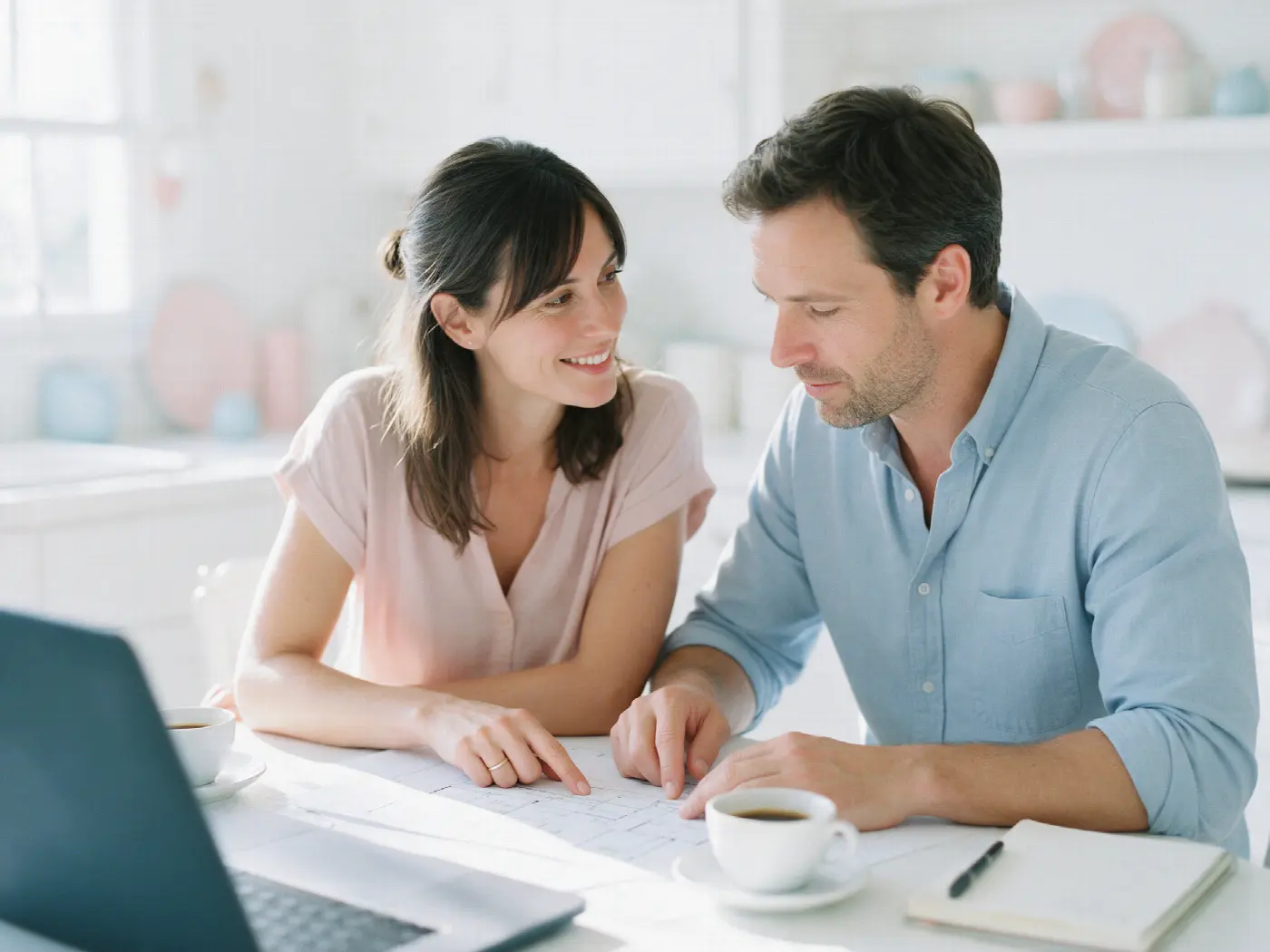 A couple at a bright kitchen table calmly going through a treatment plan together