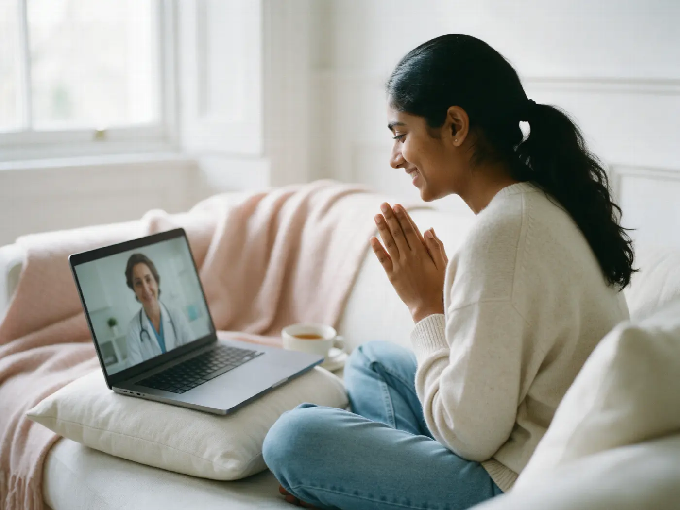 A woman at home smiling with relief during a video call with a fertility doctor