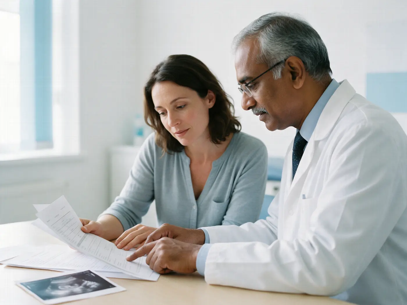 A senior fertility specialist going through printed reports and an ultrasound image with a patient