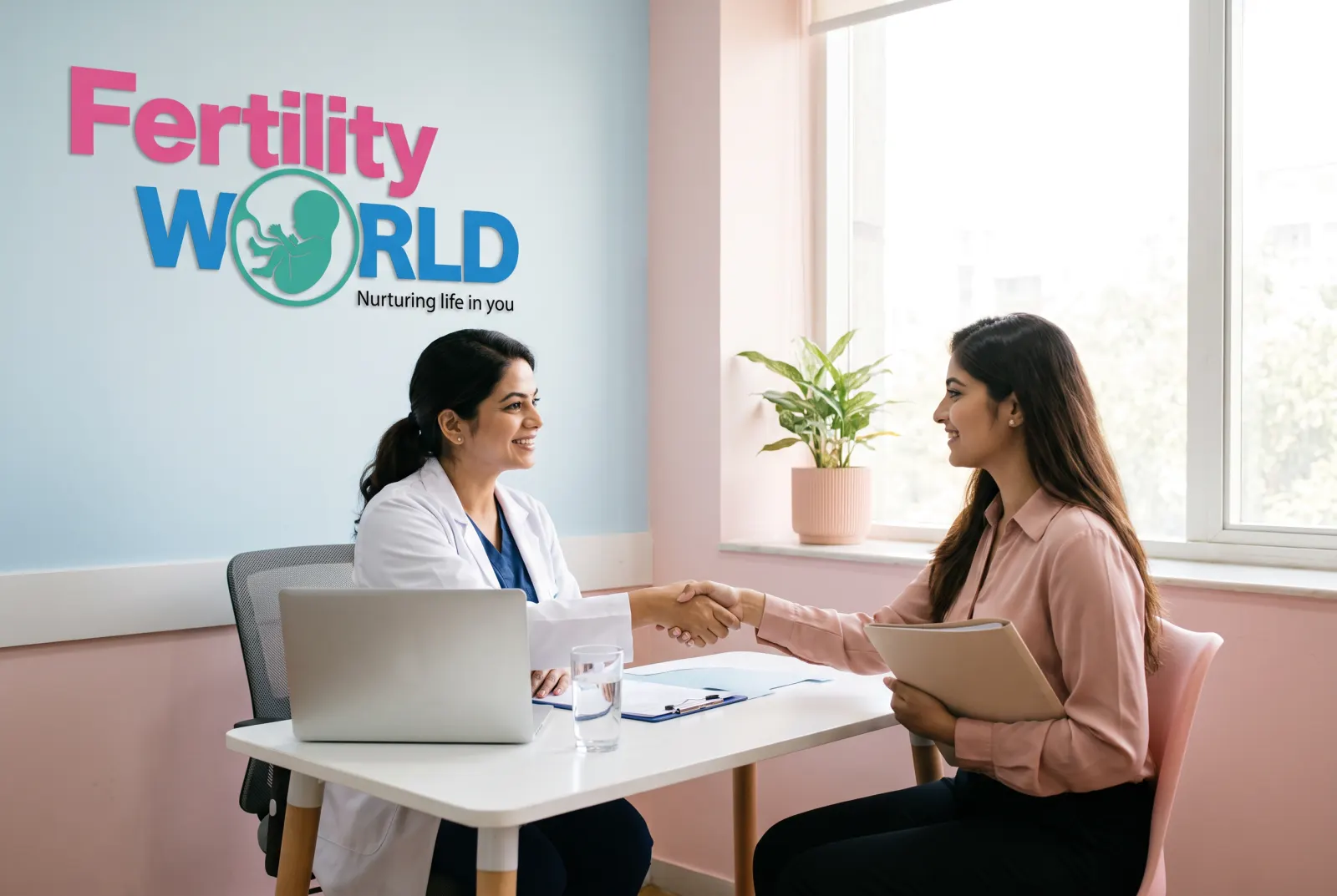 A Fertility World doctor shaking hands with a young candidate across a table