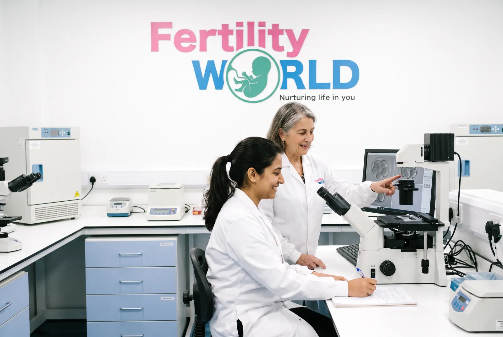 A senior embryologist teaching a trainee at a microscope in a Fertility World IVF lab