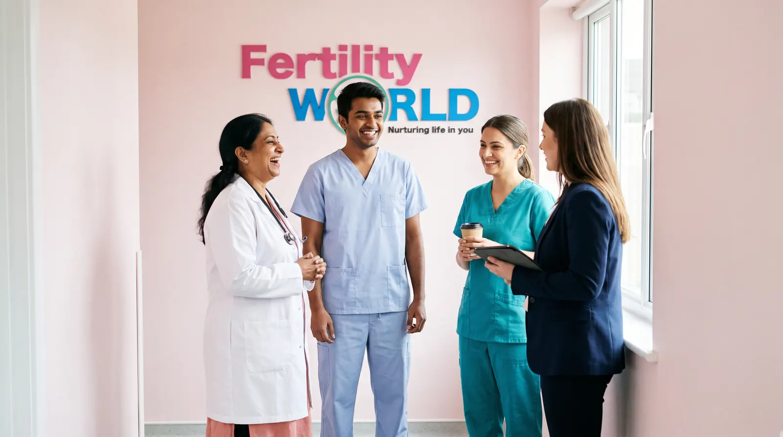 A Fertility World clinic team of a doctor, embryologist, nurse and coordinator laughing together