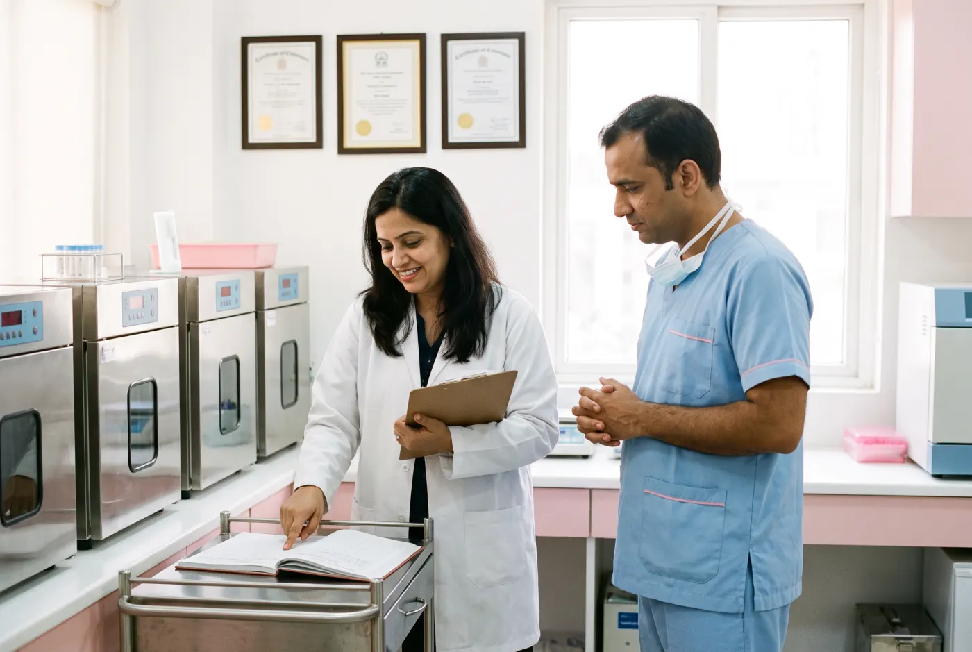 A Fertility World quality manager checking a laboratory log beside incubators