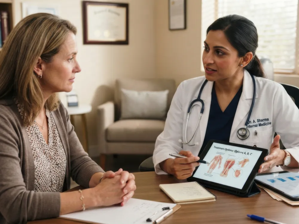 A doctor listening to a patient and showing her results on a tablet