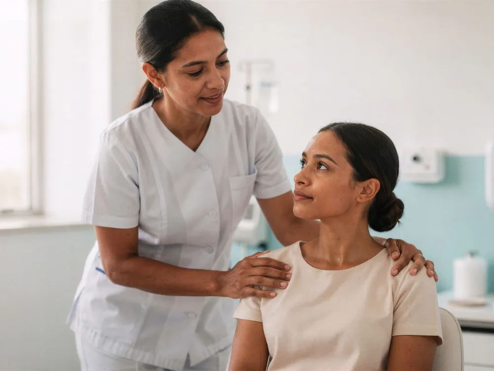A nurse comforting a woman with a hand on her shoulder in a bright clinic