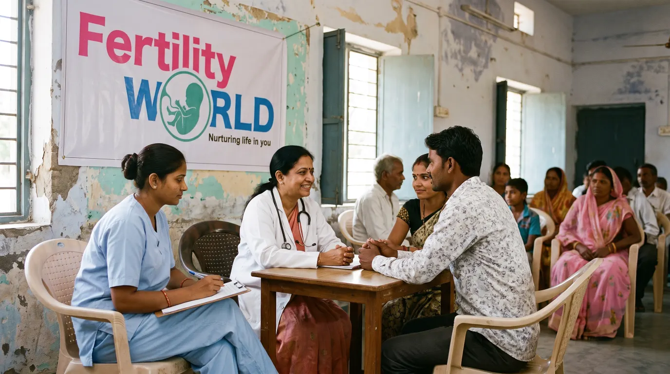 A Fertility World screening camp, with a doctor and a coordinator talking with families