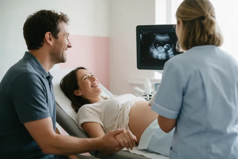 A couple watching their early pregnancy scan with a sonographer