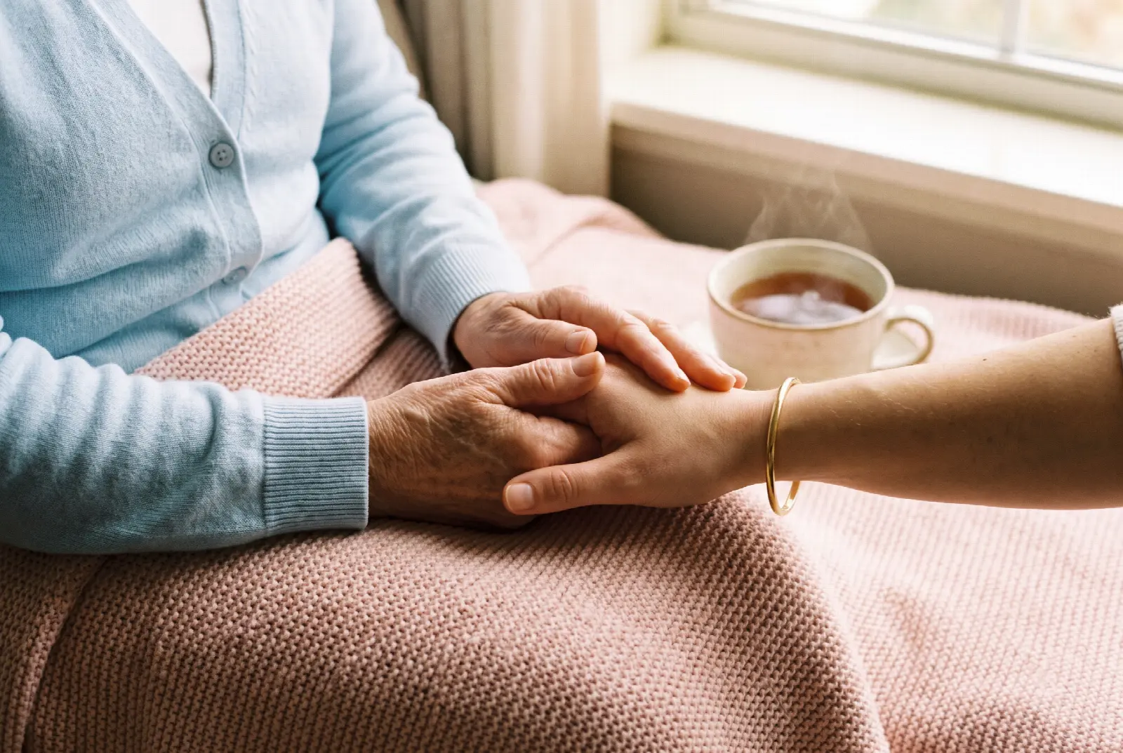 An older woman's hands gently holding a younger woman's hand on a soft blanket