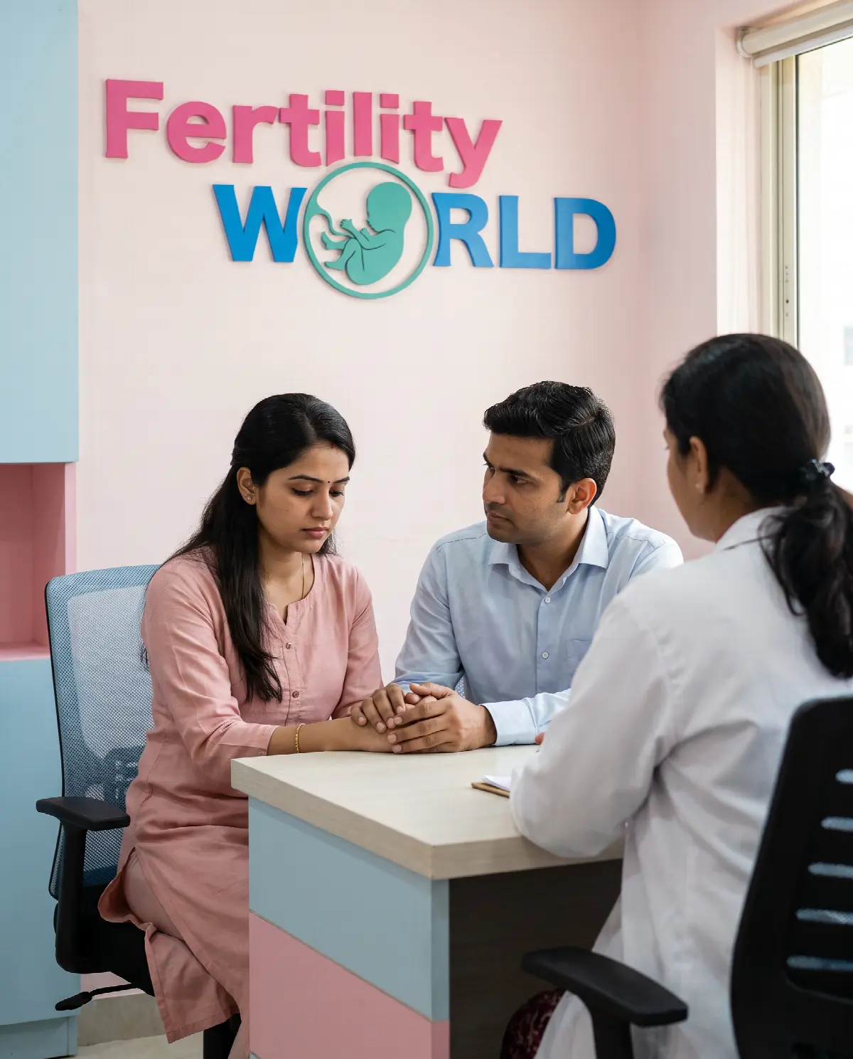 A couple holding hands at a doctor's desk, the woman looking down thoughtfully as she takes in the news