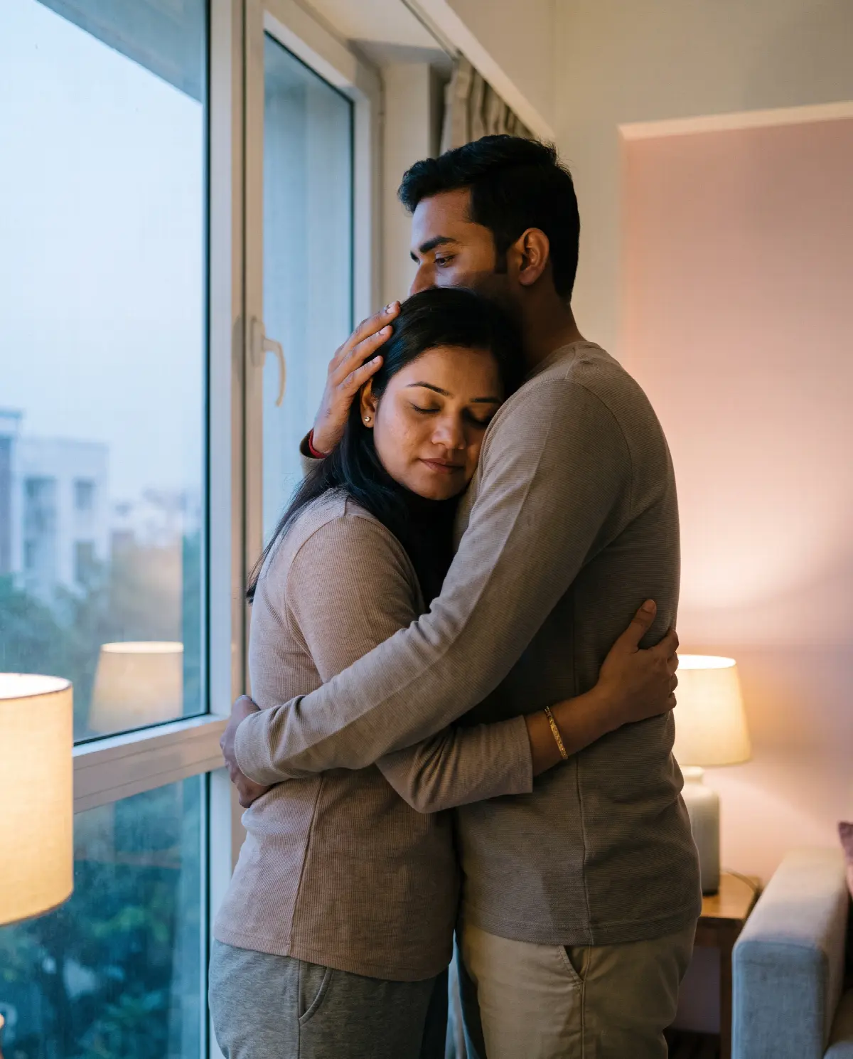 A couple holding each other in a long, quiet embrace by a window