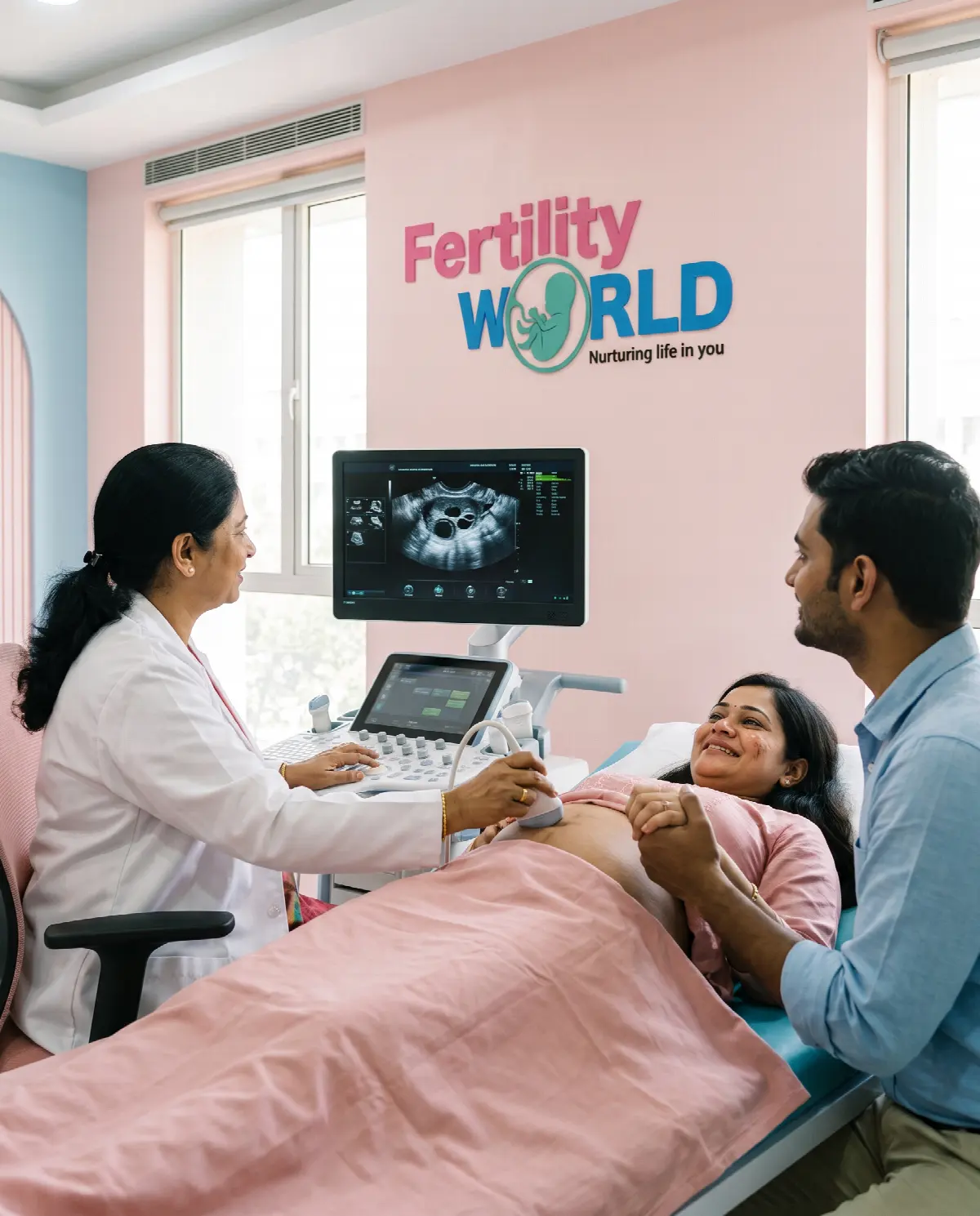 A couple watching an early pregnancy scan with cautious joy, holding hands
