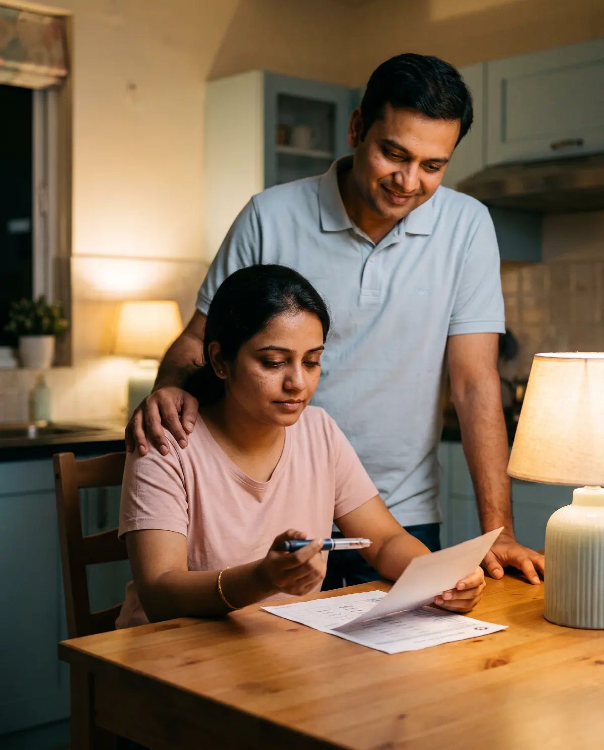 A woman with an injection pen and her schedule at the kitchen table, her husband's hand on her shoulder