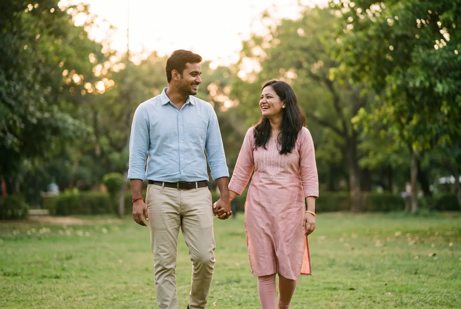 A couple holding hands and laughing together on an evening walk in a park