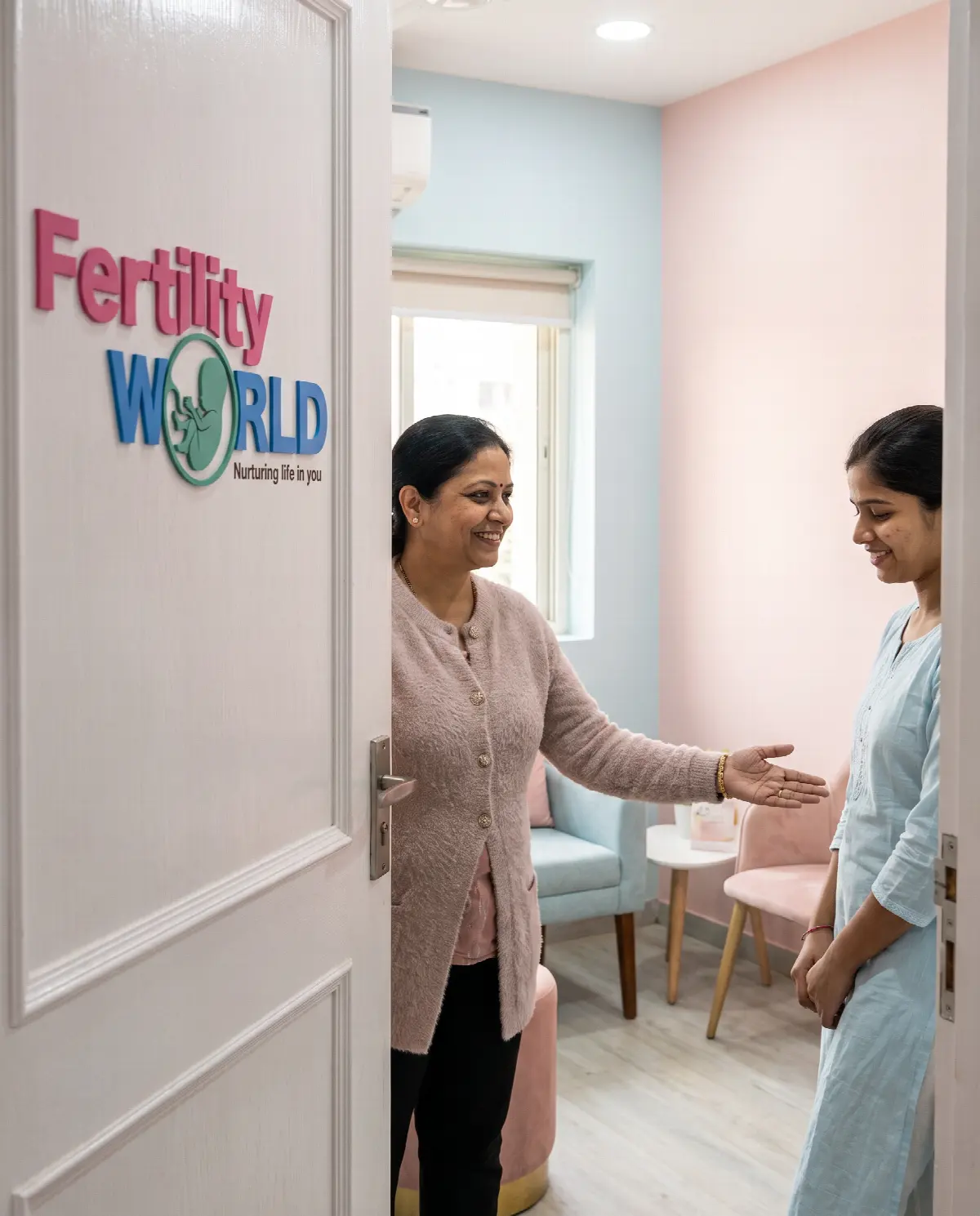A smiling counsellor opening her door and welcoming a young woman in