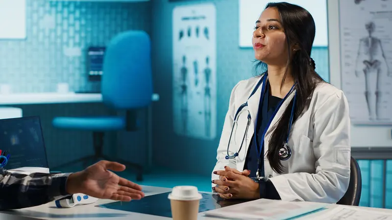 A fertility specialist talking with a patient at her desk in a bright clinic