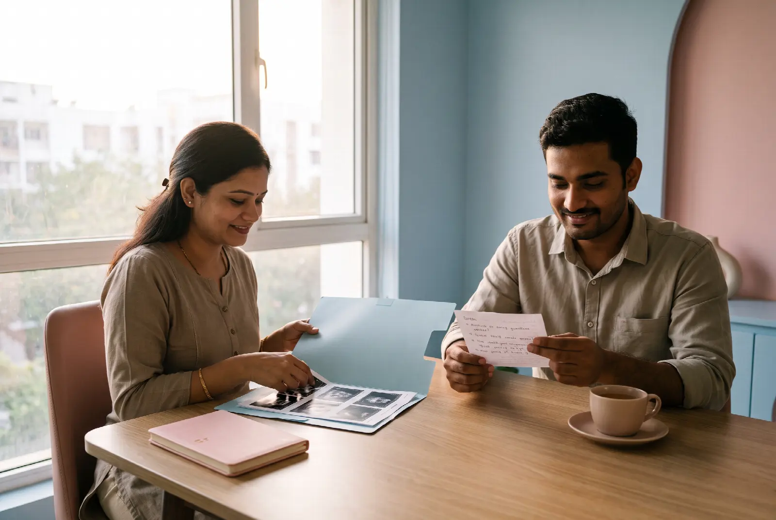 A couple at home putting reports into a folder and reading a list of questions before their first visit