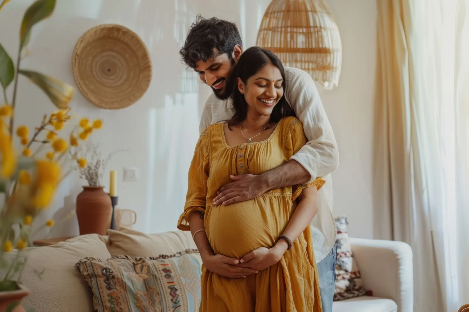 An expecting couple smiling together in a sunlit living room