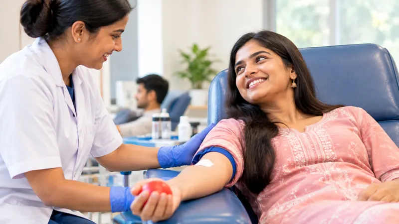 A smiling woman relaxed in the chair while a nurse takes her blood test