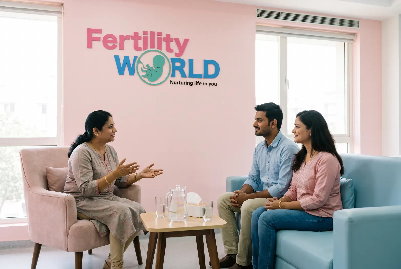 A counsellor talking warmly with a couple in a calm Fertility World room