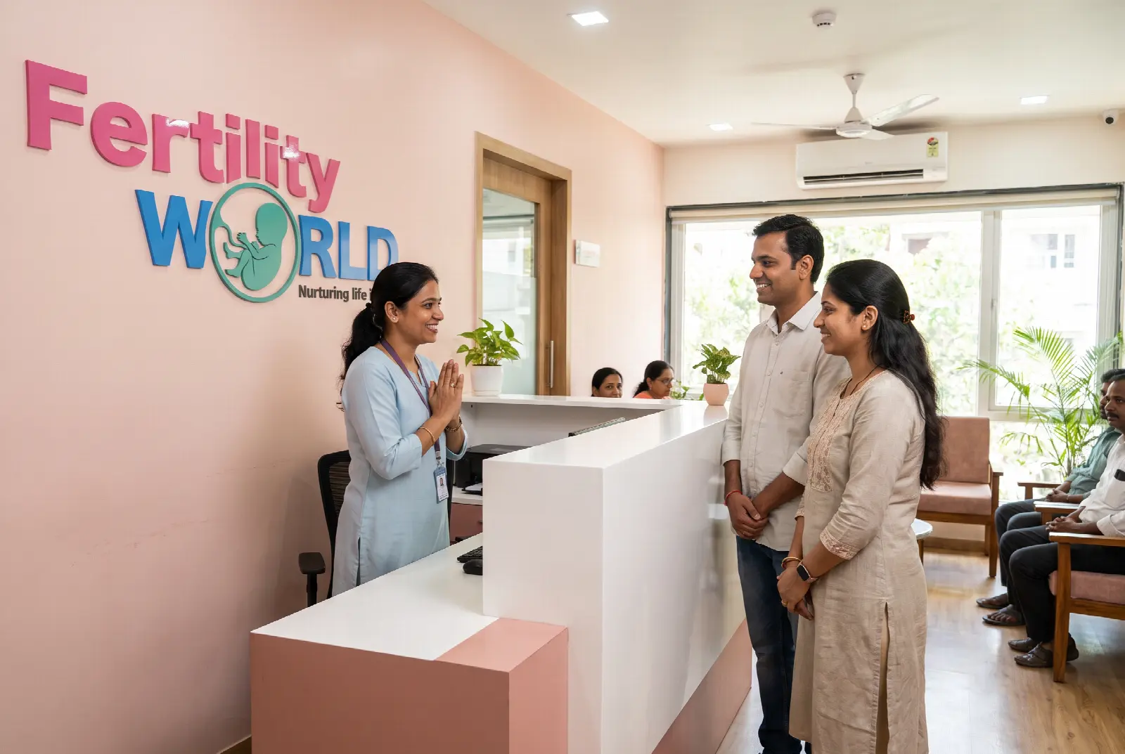 A Fertility World coordinator welcoming a couple at the clinic reception