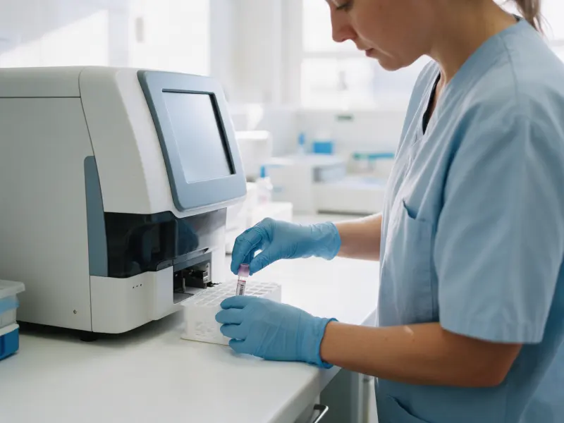 A nurse placing a blood sample in a rack for a pregnancy hormone test
