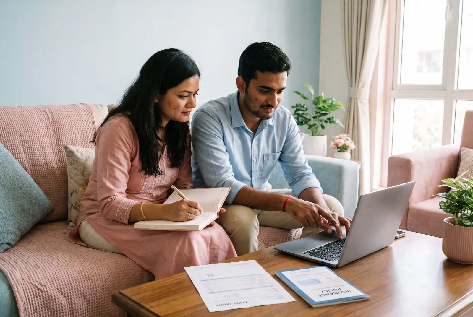 A couple at home comparing a clinic quote and an insurance policy on a laptop