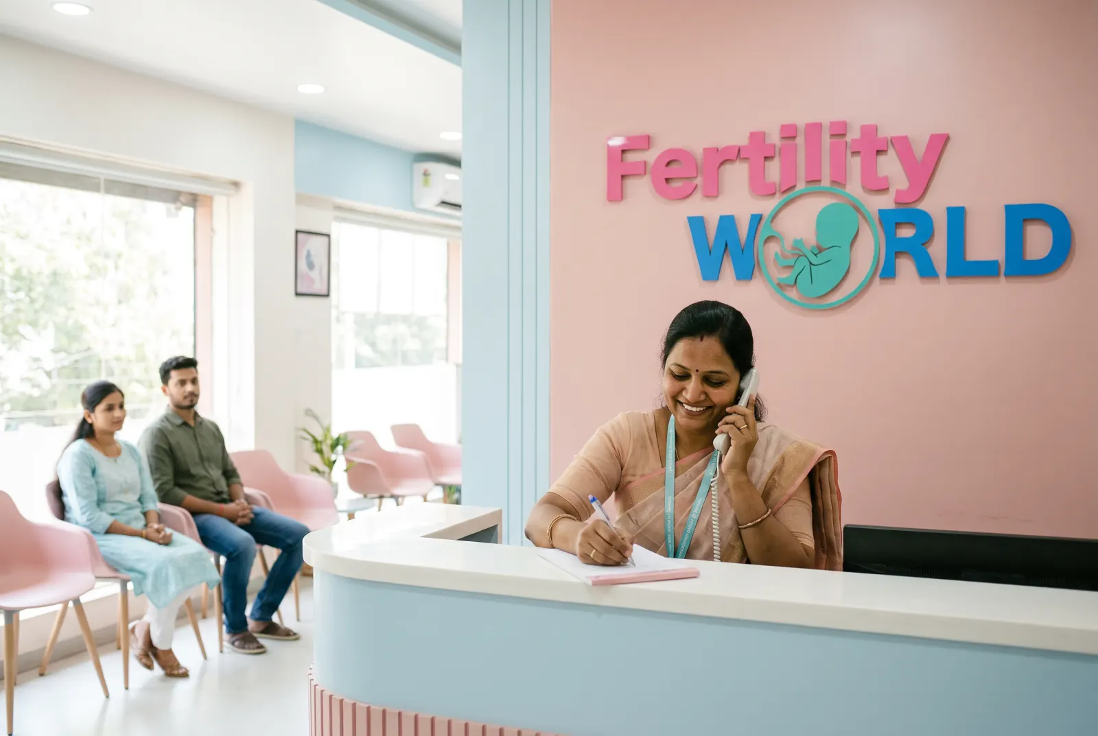 A Fertility World coordinator on the phone at the front desk of a clinic