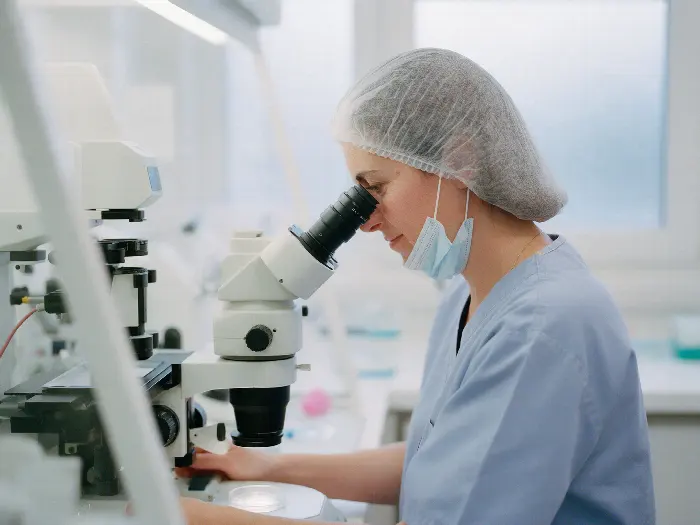 An embryologist at the microscope in a bright IVF laboratory