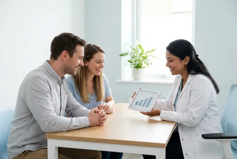 A fertility doctor showing a couple a simple chart of results on a tablet