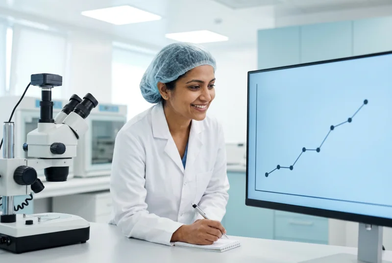 An embryologist checking a chart of results beside the microscope in the laboratory
