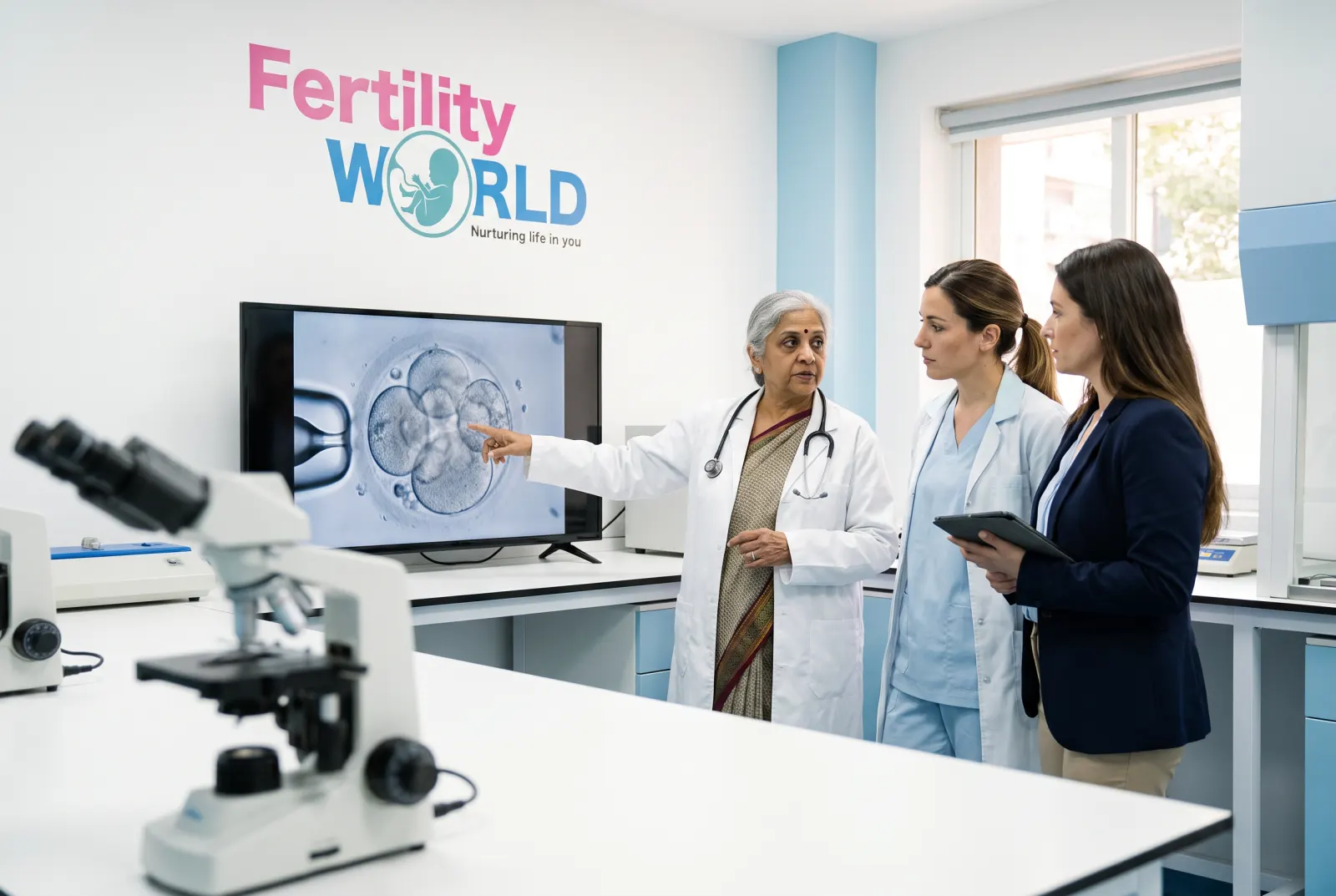 A Fertility World specialist explaining an embryo image to colleagues in the laboratory
