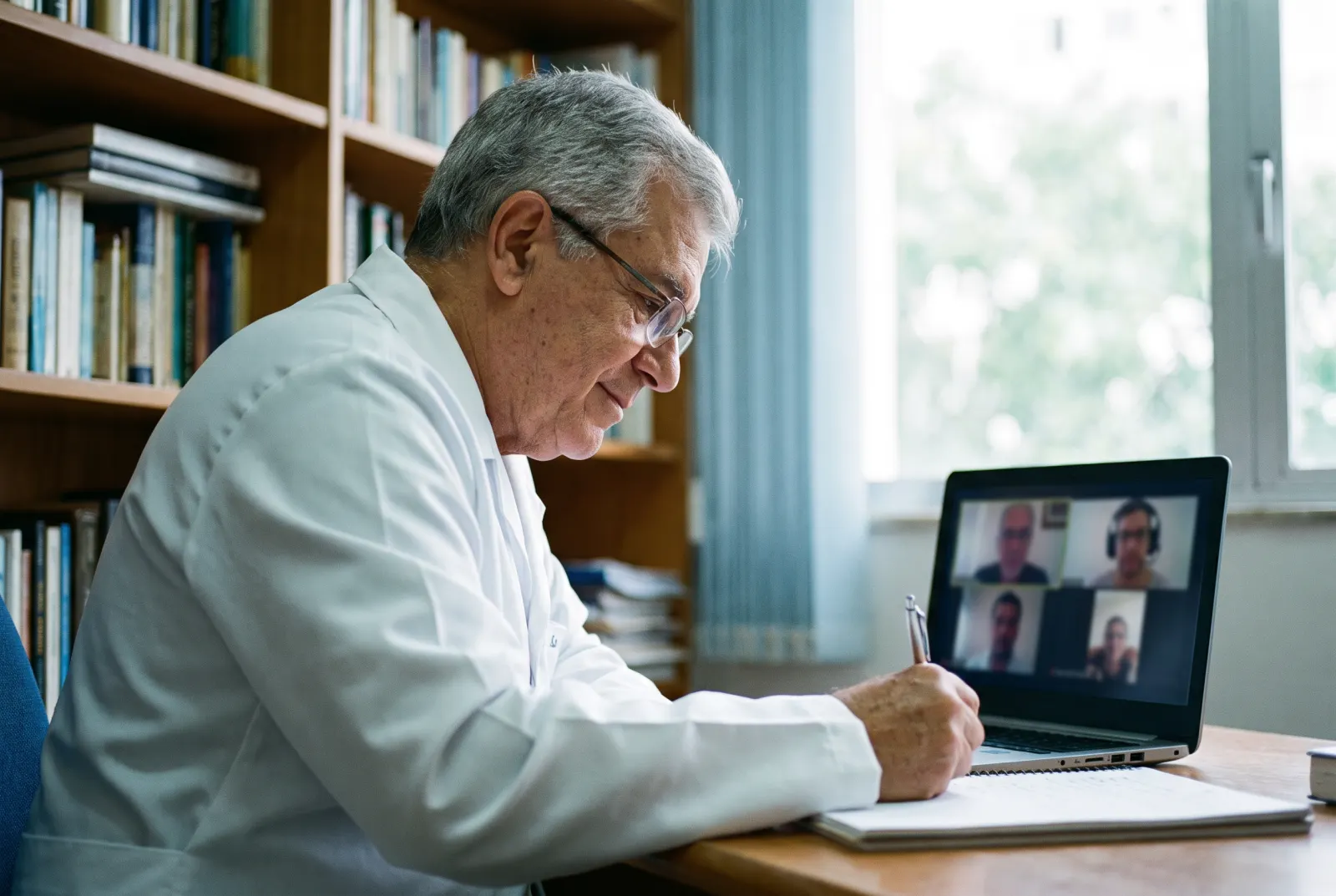 A senior specialist joining a board meeting by video from his hospital office
