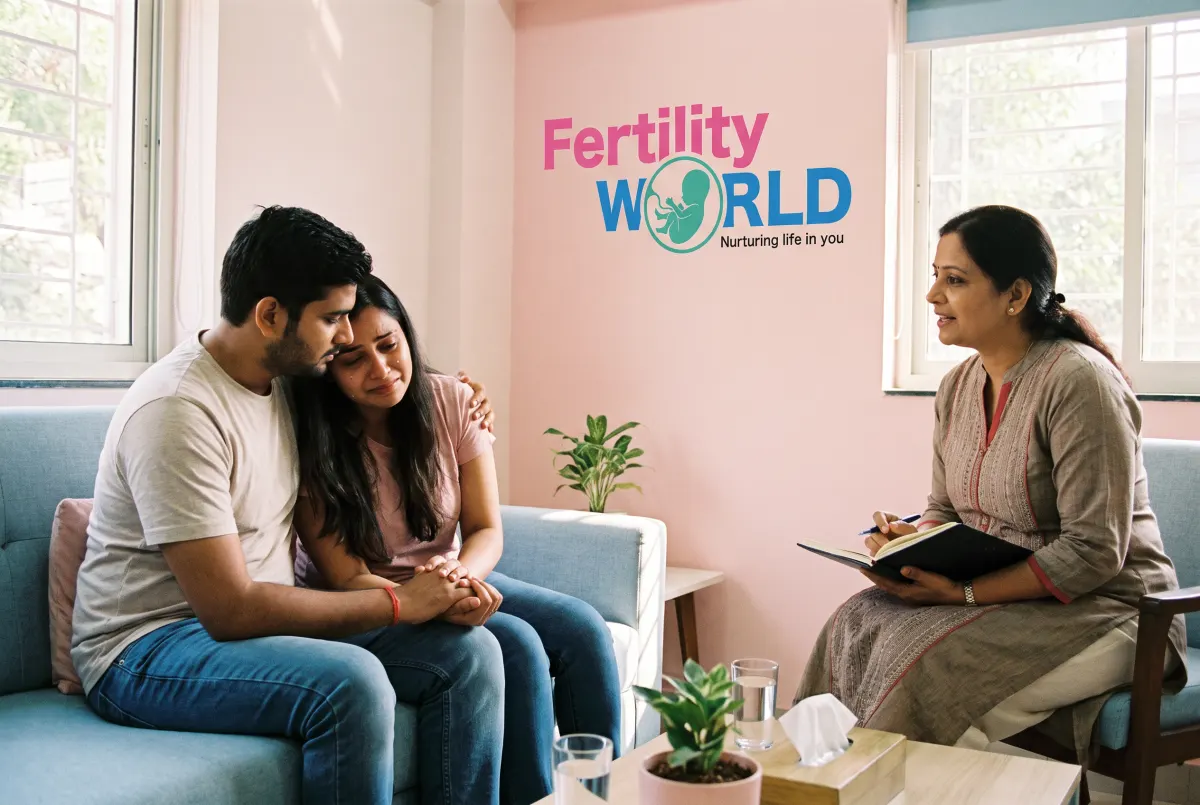 A couple holding each other on a sofa while a counsellor listens, in a pink and blue Fertility World room