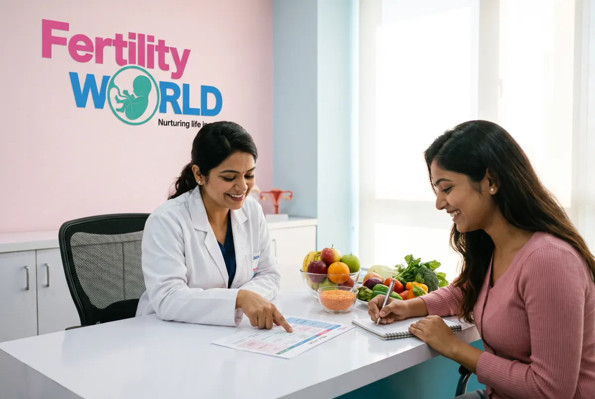 A dietitian going through a meal plan with a smiling patient beside a bowl of fresh fruit