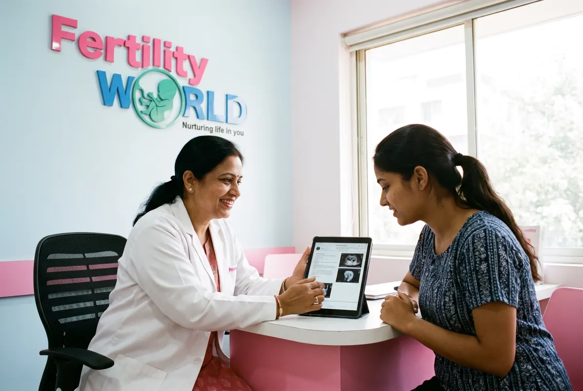 A doctor showing a patient her treatment record on a tablet in a Fertility World clinic