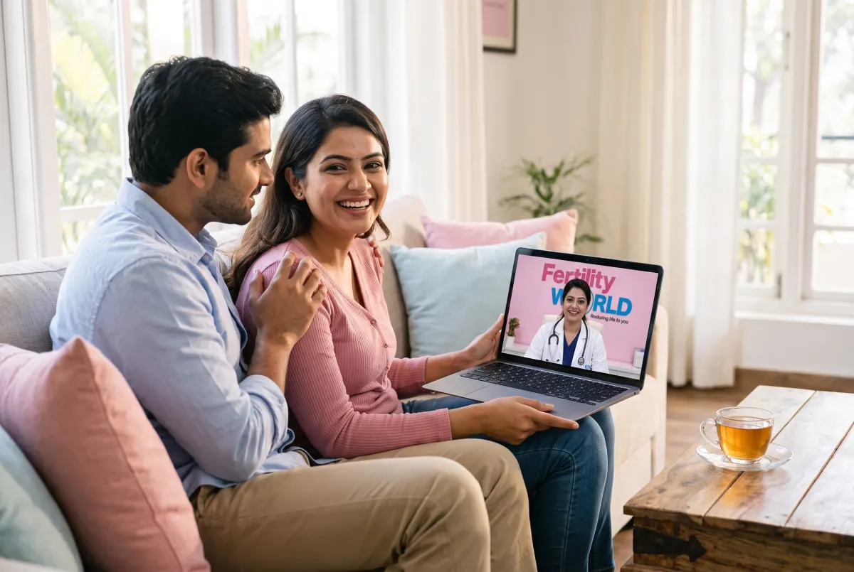A couple on their sofa smiling at a doctor on a video call on their laptop