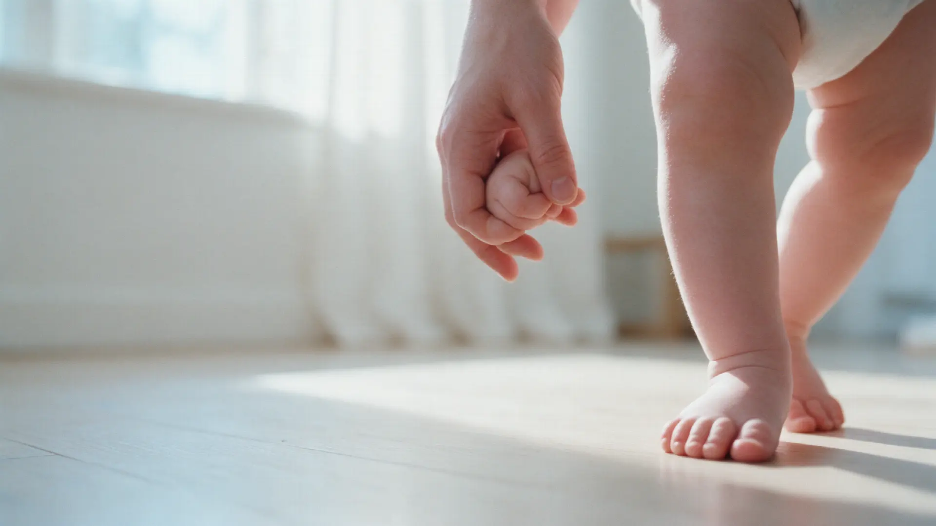 A toddler taking first steps while holding a parent's finger in a sunlit room