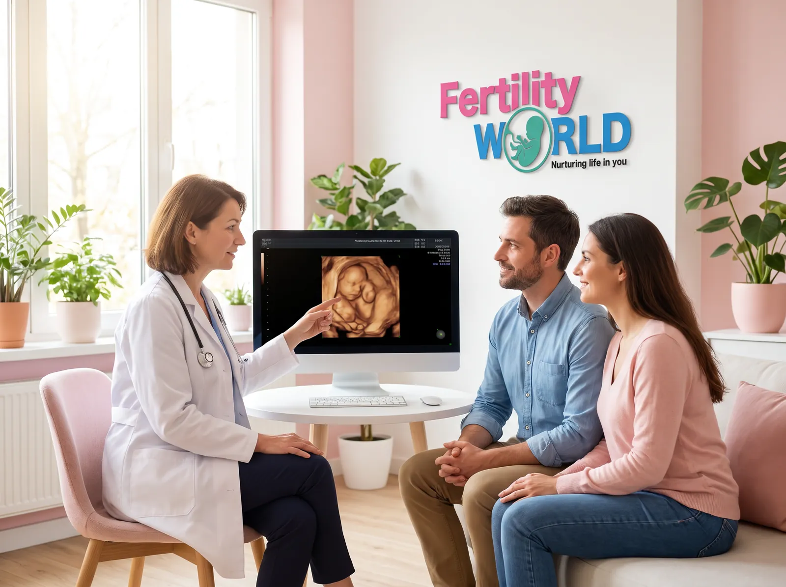 A Fertility World doctor explaining a 3D ultrasound scan to a couple