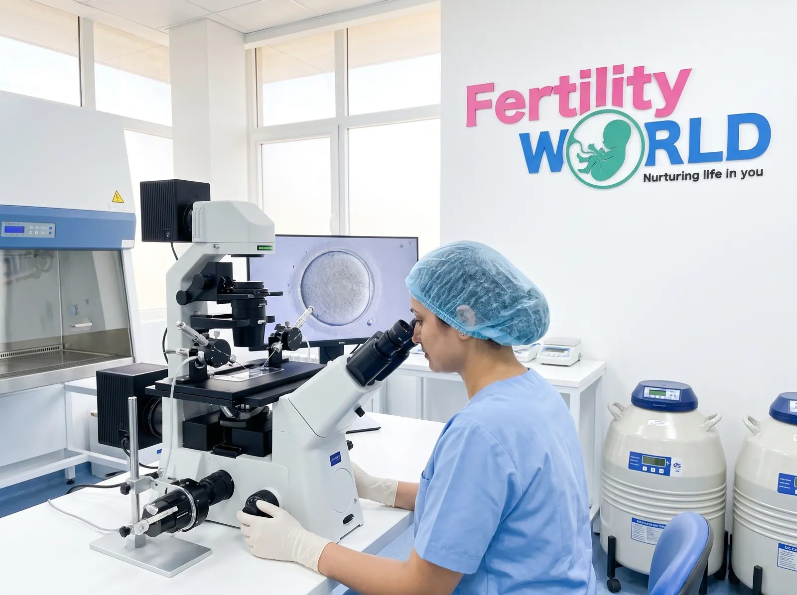 An embryologist working at a microscope in a Fertility World laboratory