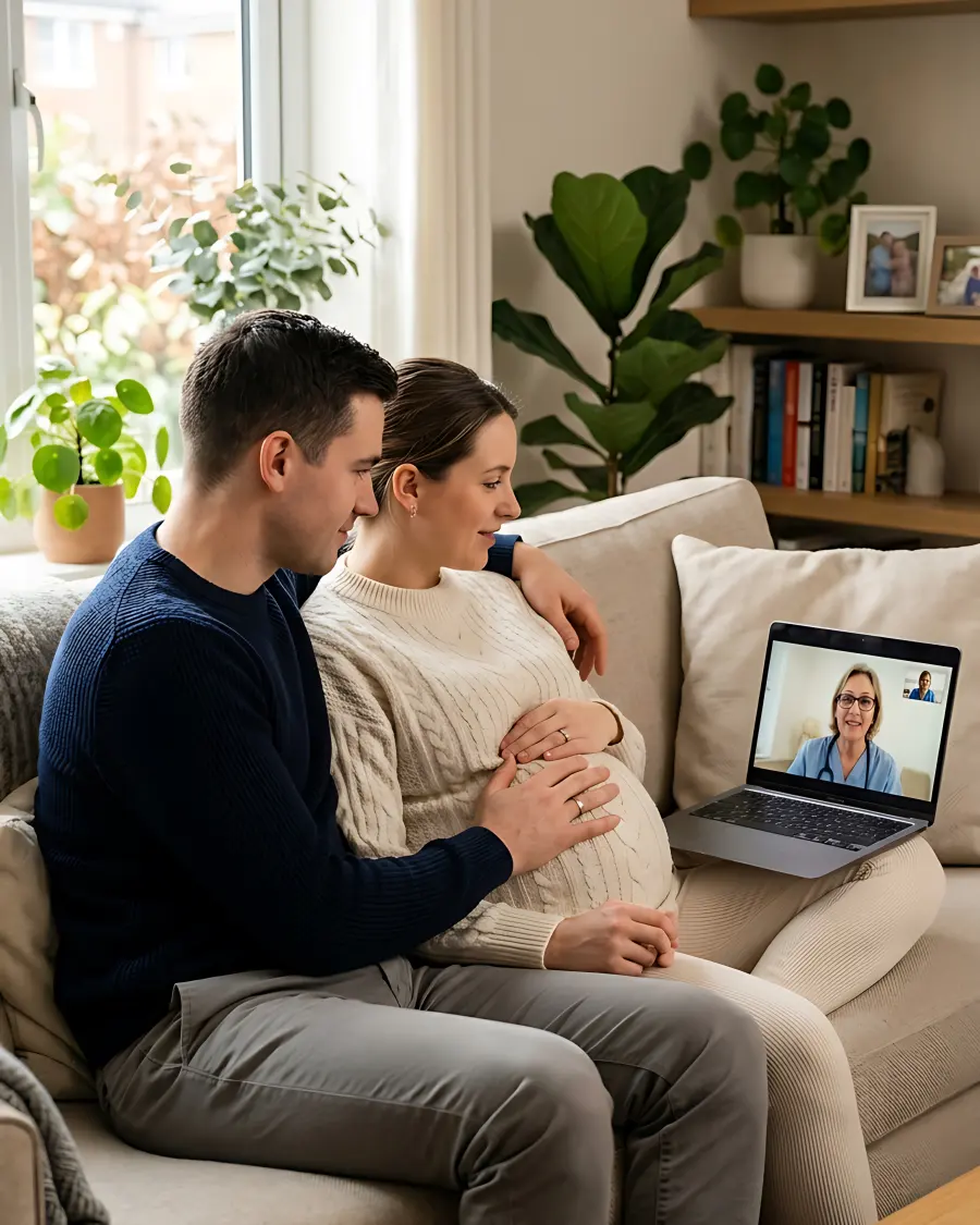 A couple on their sofa talking to a doctor on a laptop