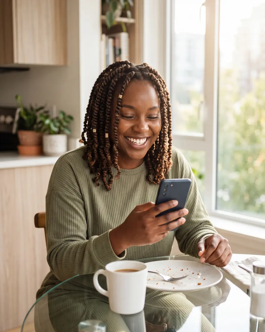 A woman smiling at her phone over breakfast in a bright kitchen