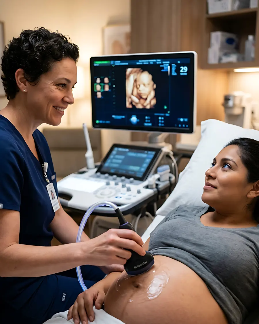 A woman smiling during an ultrasound scan in a bright clinic