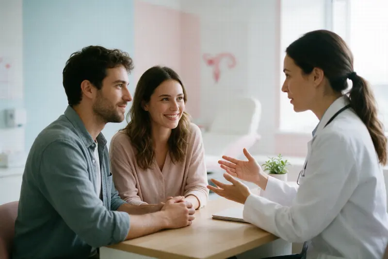 A smiling couple talking with a fertility specialist at her desk